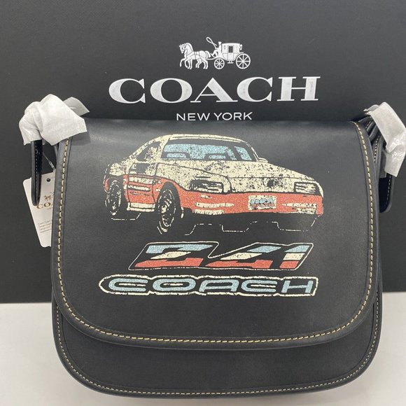 Coach Handbags - Coach Patricia Saddle 23 With Car Graphic Glitter Black Leather Purse Crossbody